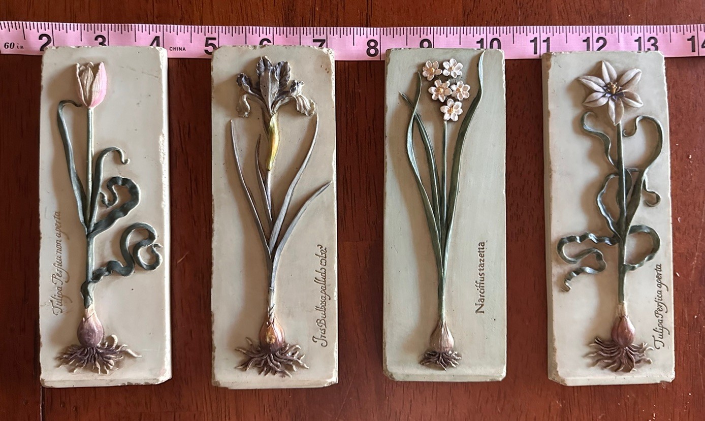 4 Tile Plaques Ibis & Orchid Design Tulip Iris Narcissus Flowers 3D Grandma Core
