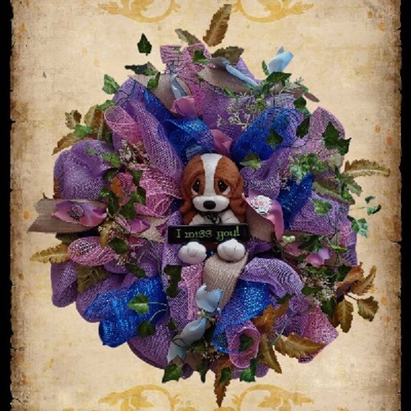 One 24″ Purple Deco Mesh Wreath I Miss You Funeral Memorial Graveside Sympathy