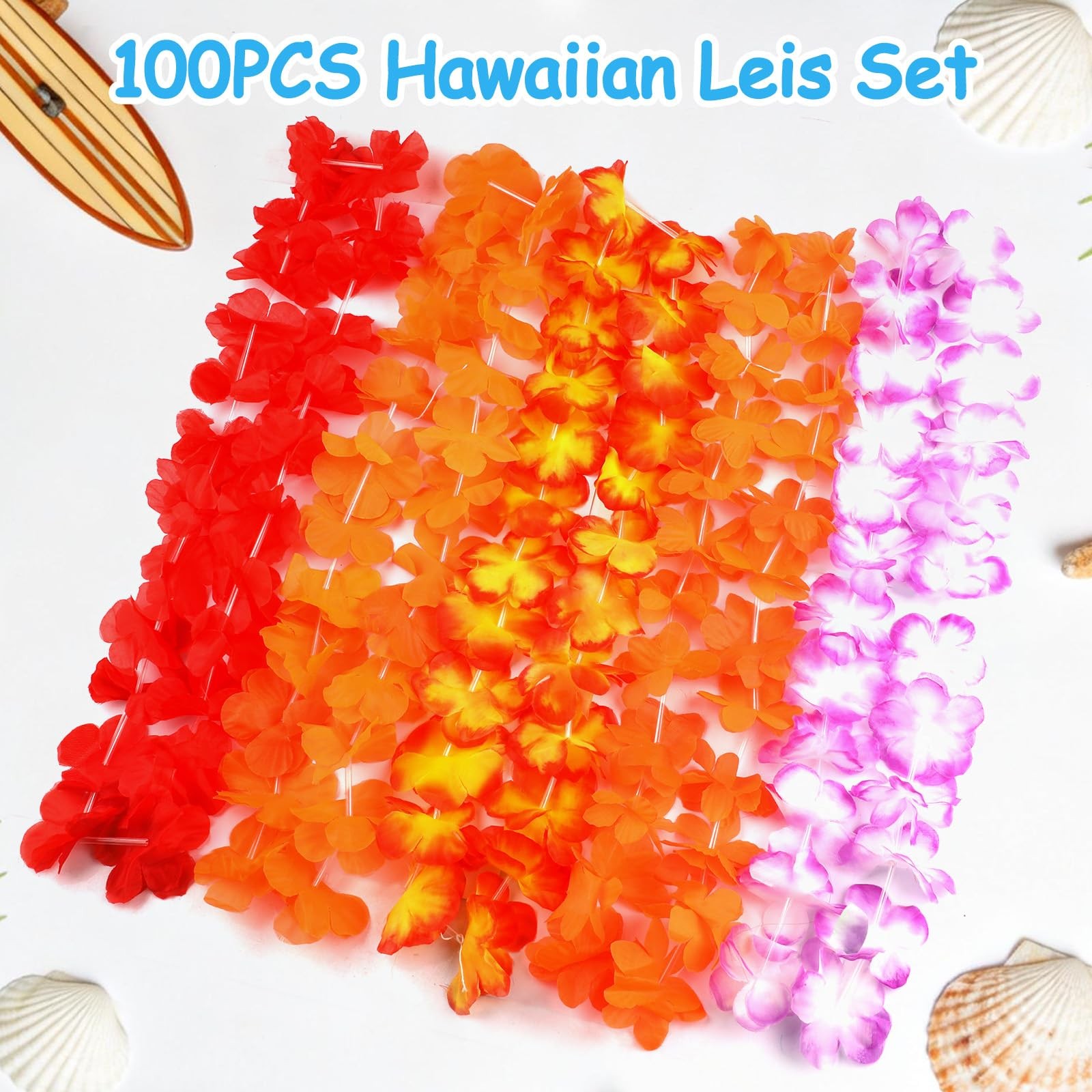100 PCS Hawaiian Leis Bulk Colorful Tropical Flower Necklace for Luau Party D…