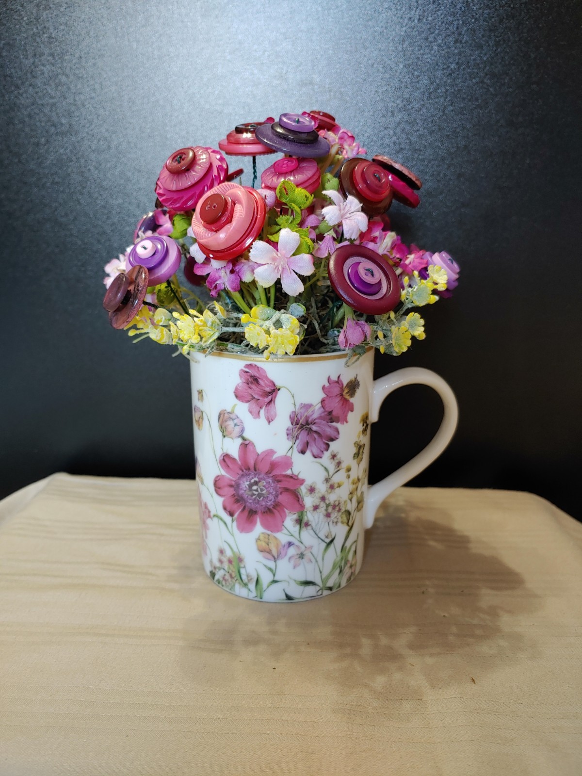 delicate floral mug with pink purple yellow BUTTON BOUQUET