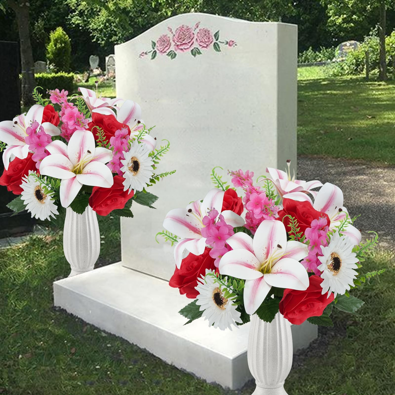 2 Pcs Cemetery Flowers For Grave 19.6 Inch Lilies Silk Floral Arrangement