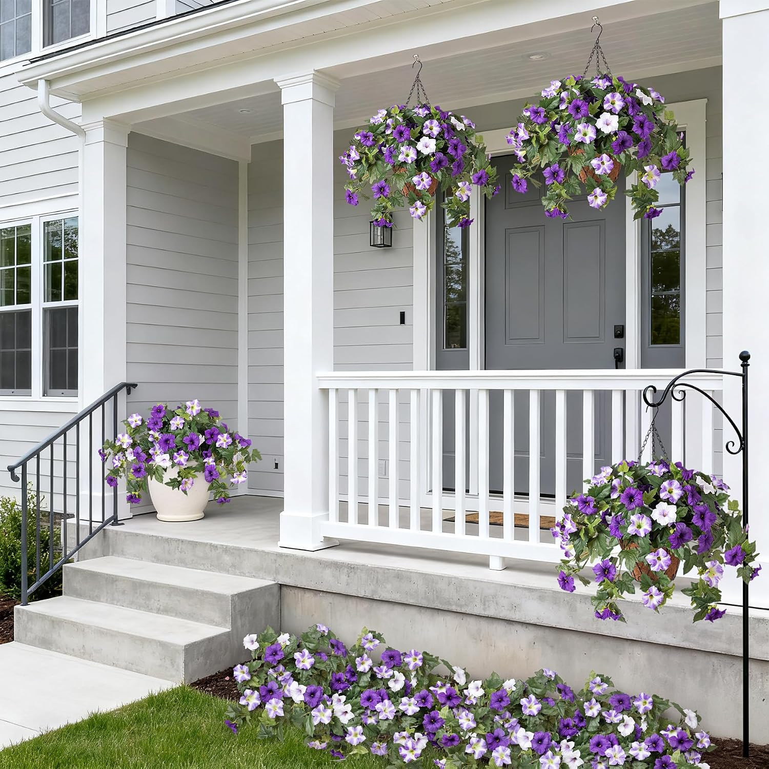 4 Pcs UV Resistant Faux Petunia Flowers for Indoor/Outdoor Decor – Purple & Whit