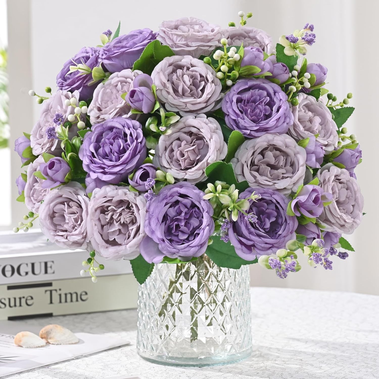 4 Packs White Peonies Silk Bouquet, Artificial Centerpiece Wedding Decor