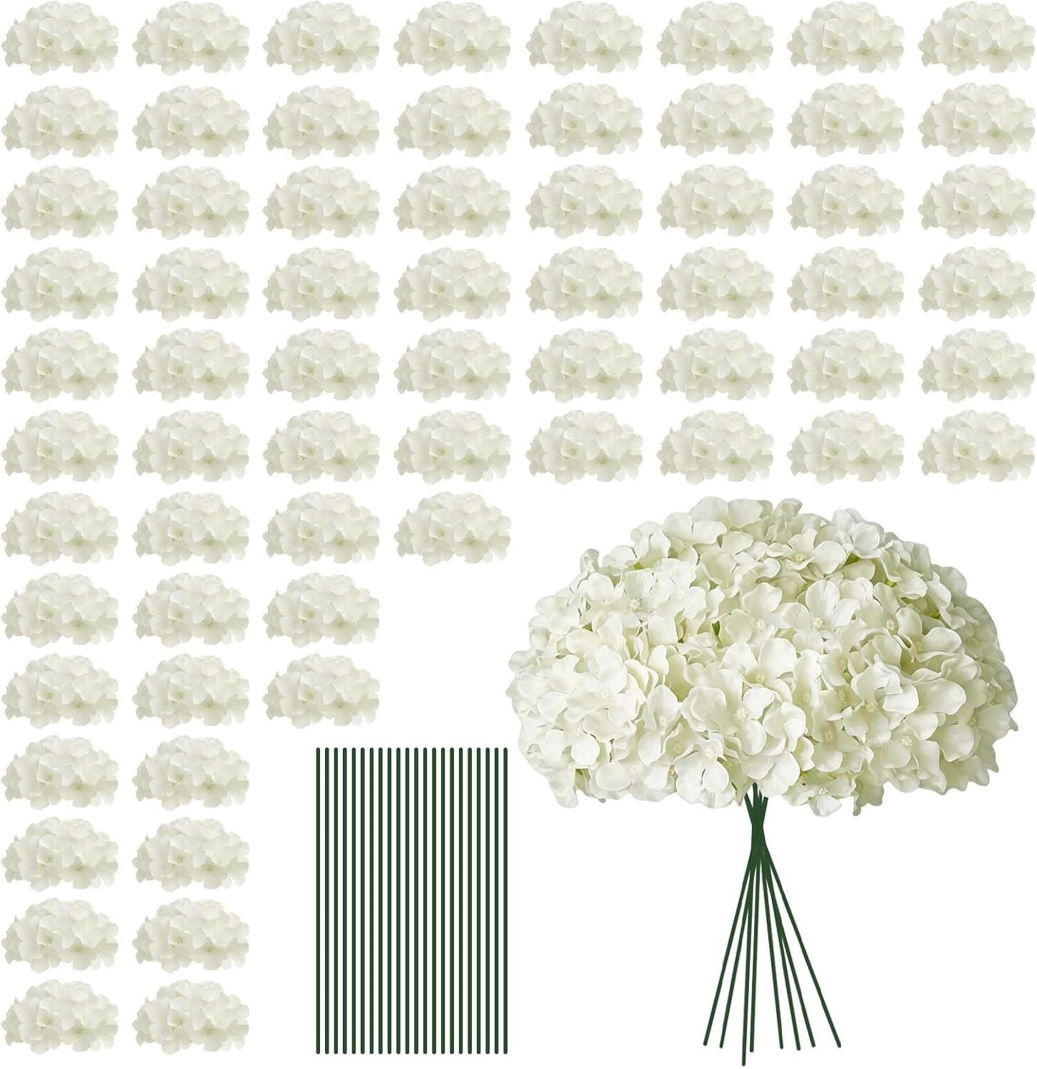 100 PCS White Hydrangea Artificial Flowers, Faux Hydrangea Flowers, Fake