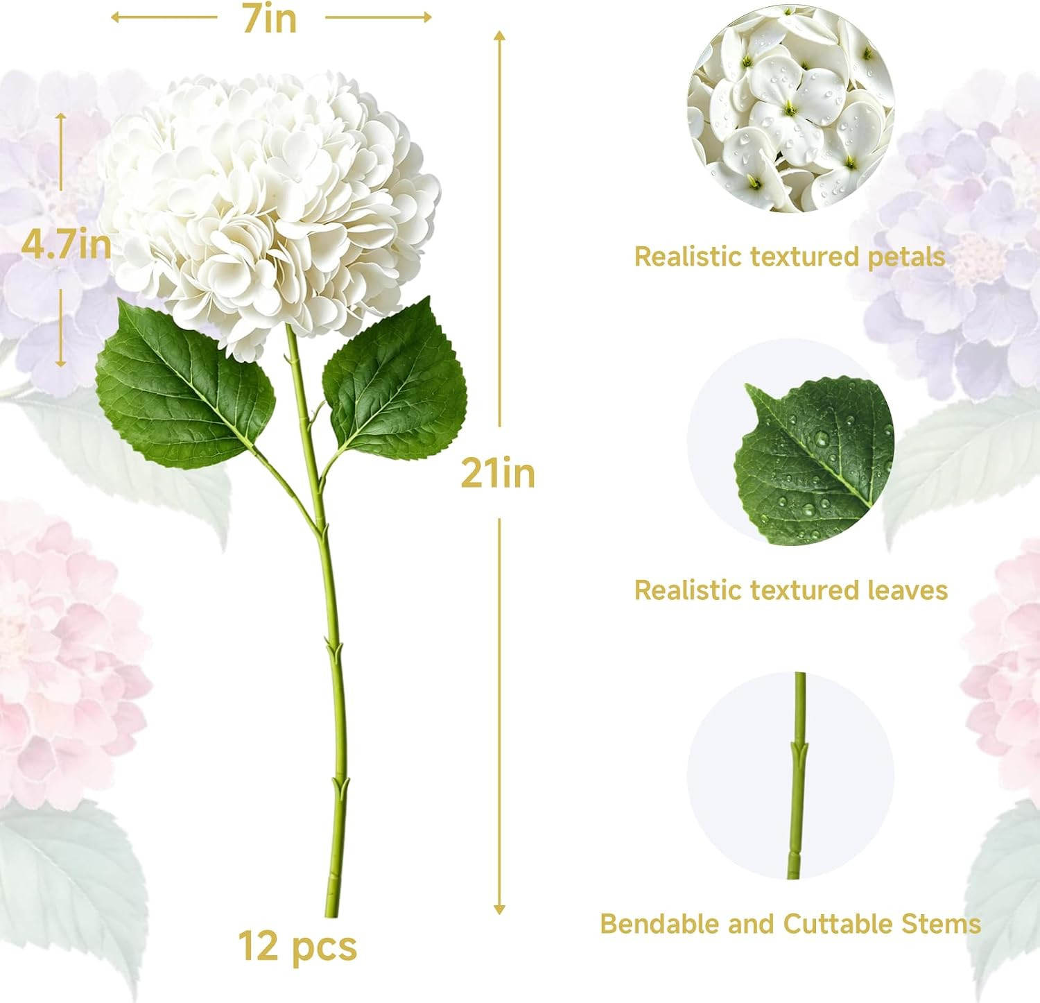 12 Pcs 21″ White Realistic Hydrangea Artificial Flowers for Weddings & Decor