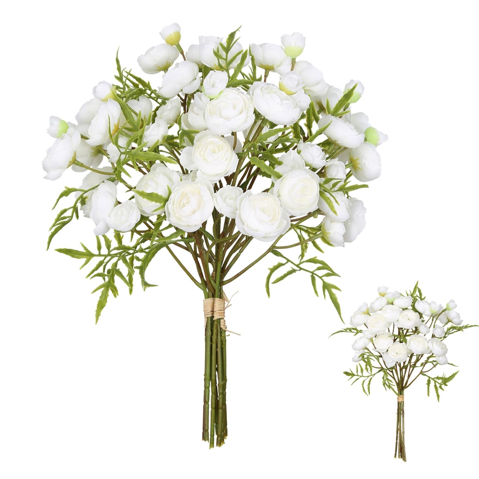 2 Bouquets White Flowers Artificial Ranunculus 60 Heads Small Faux Peonies Ar…