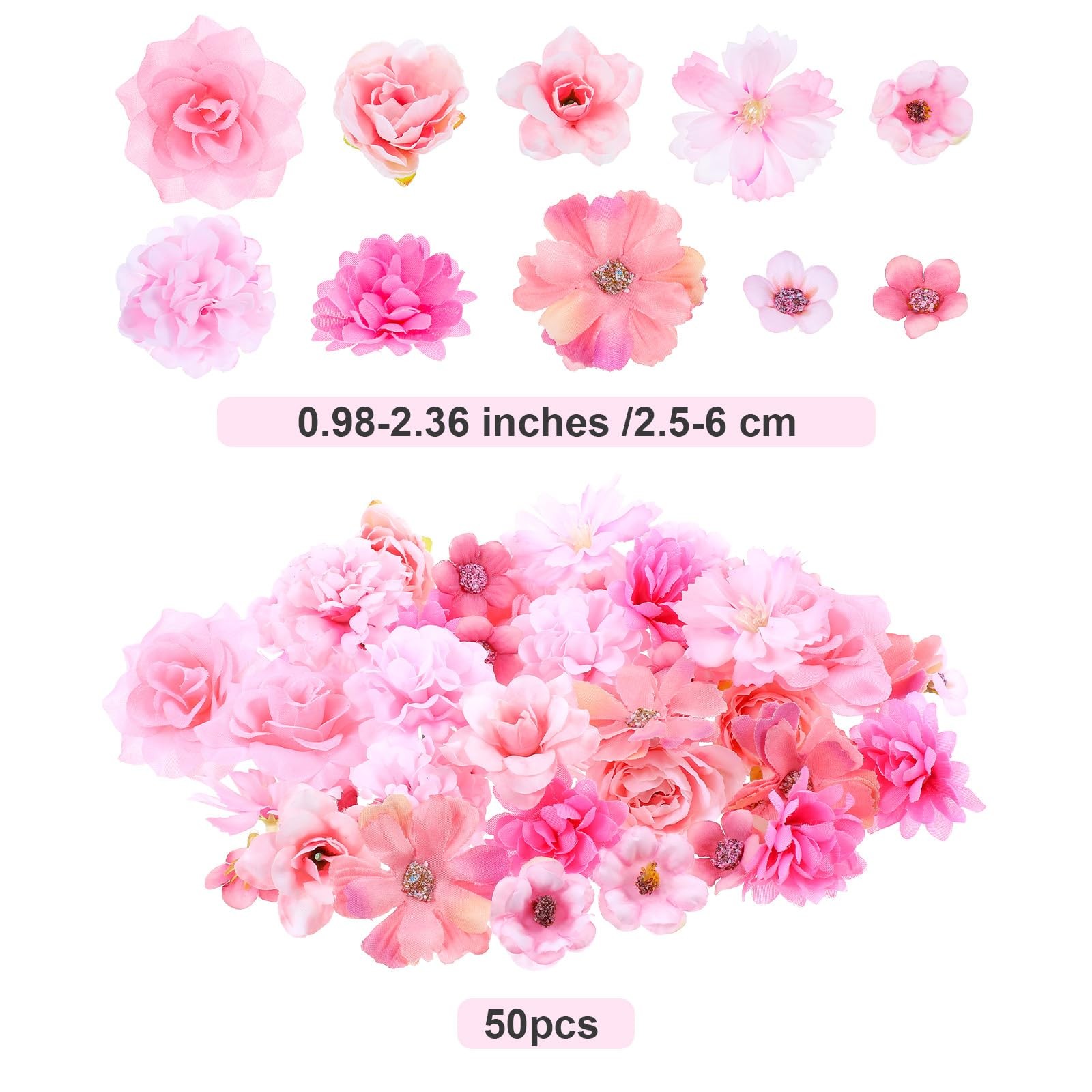 50 Pcs Pink Mini Faux Flower Heads for Crafts Wedding Cake Wreath Decor