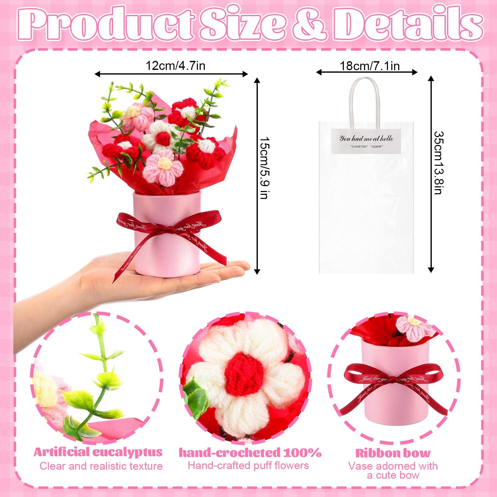 6 PCS 4.7×5.9 Inch Red Crochet Puff Flowers Potted Plant Knitted Bouquet Desk