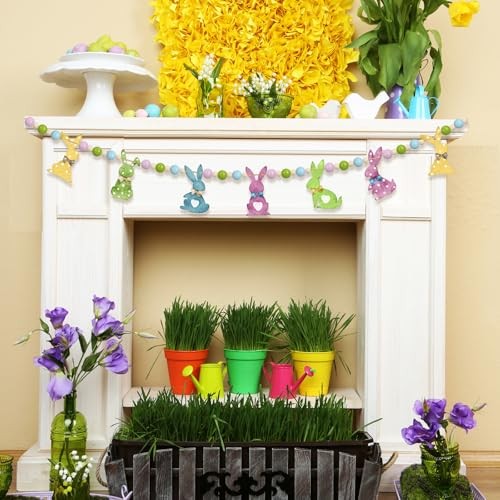 1 Set Easter Mantle Garland 6.56 ft Wood Easter Beads Banner Colorful Bunny