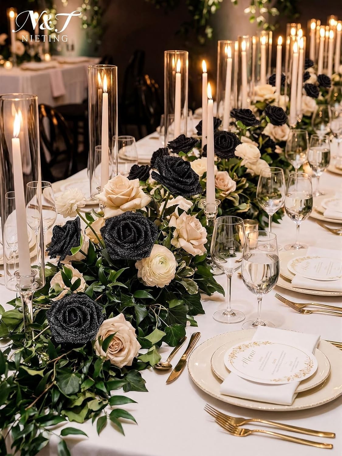 Luxurious 25pcs Black Glitter Roses – DIY Floral Arrangements for All Occasions