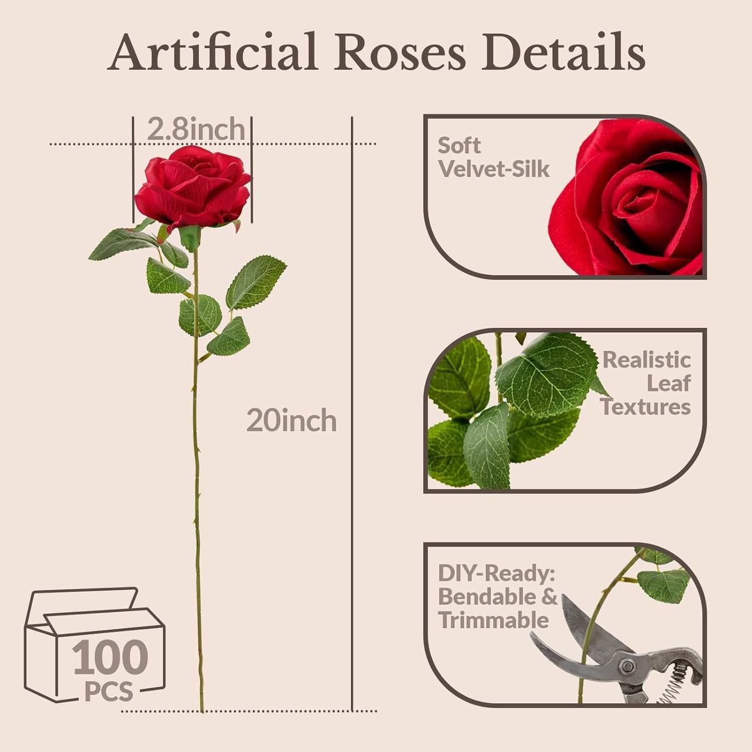 100PCS Roses Artificial Flowers with Realistic Foliage, 20″ Overall Length, B…
