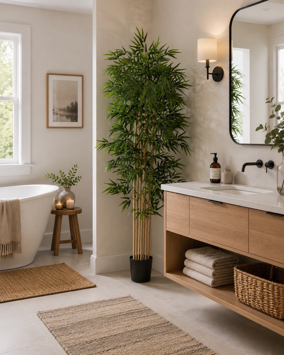 6’ Artificial Bamboo Tree in Black Pot Planter, Natural Trunks & Garden Decor
