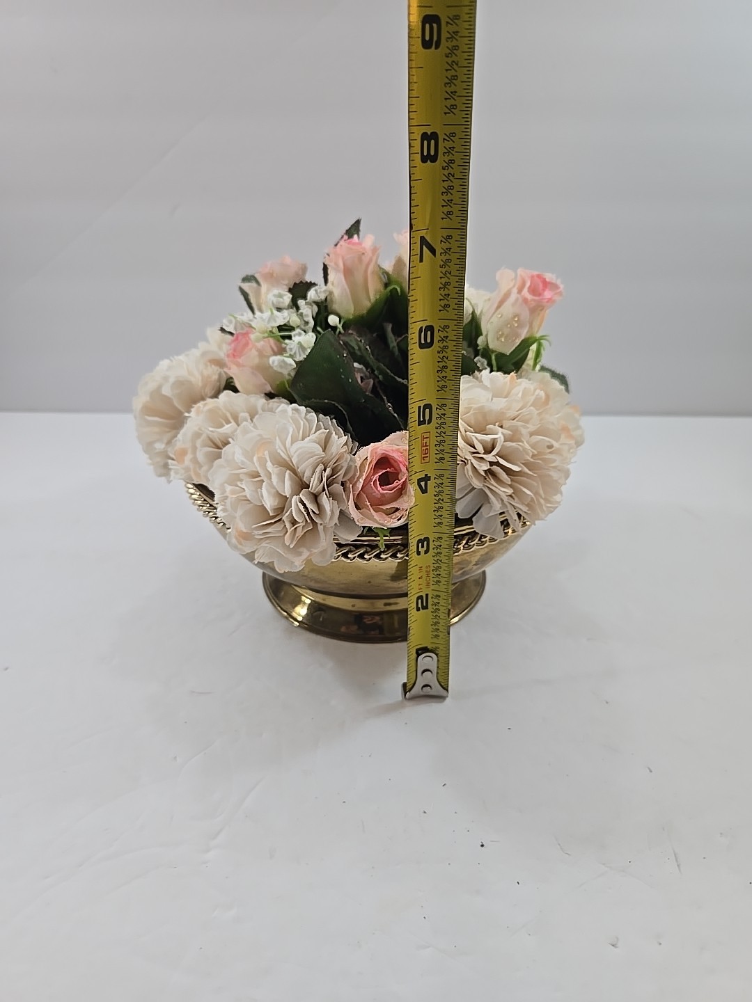 Vintage Silk Floral Arrangement in Footed Brass Planter Pot England 7″