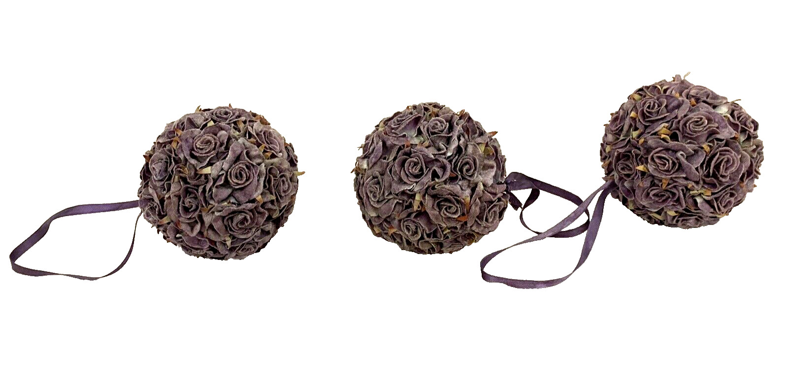 3 Purple Roses Balls w Ribbon hangers approx. 4.5″ diameter Velvet roses MINT
