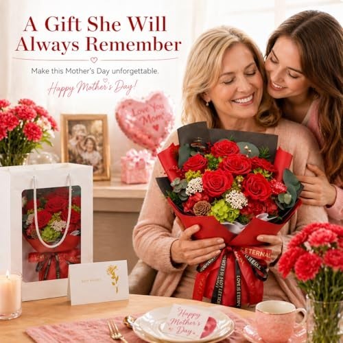 Eternal Red Rose Bouquet – Real Preserved Flowers in Gift Box, Lasts 3-5 Years,