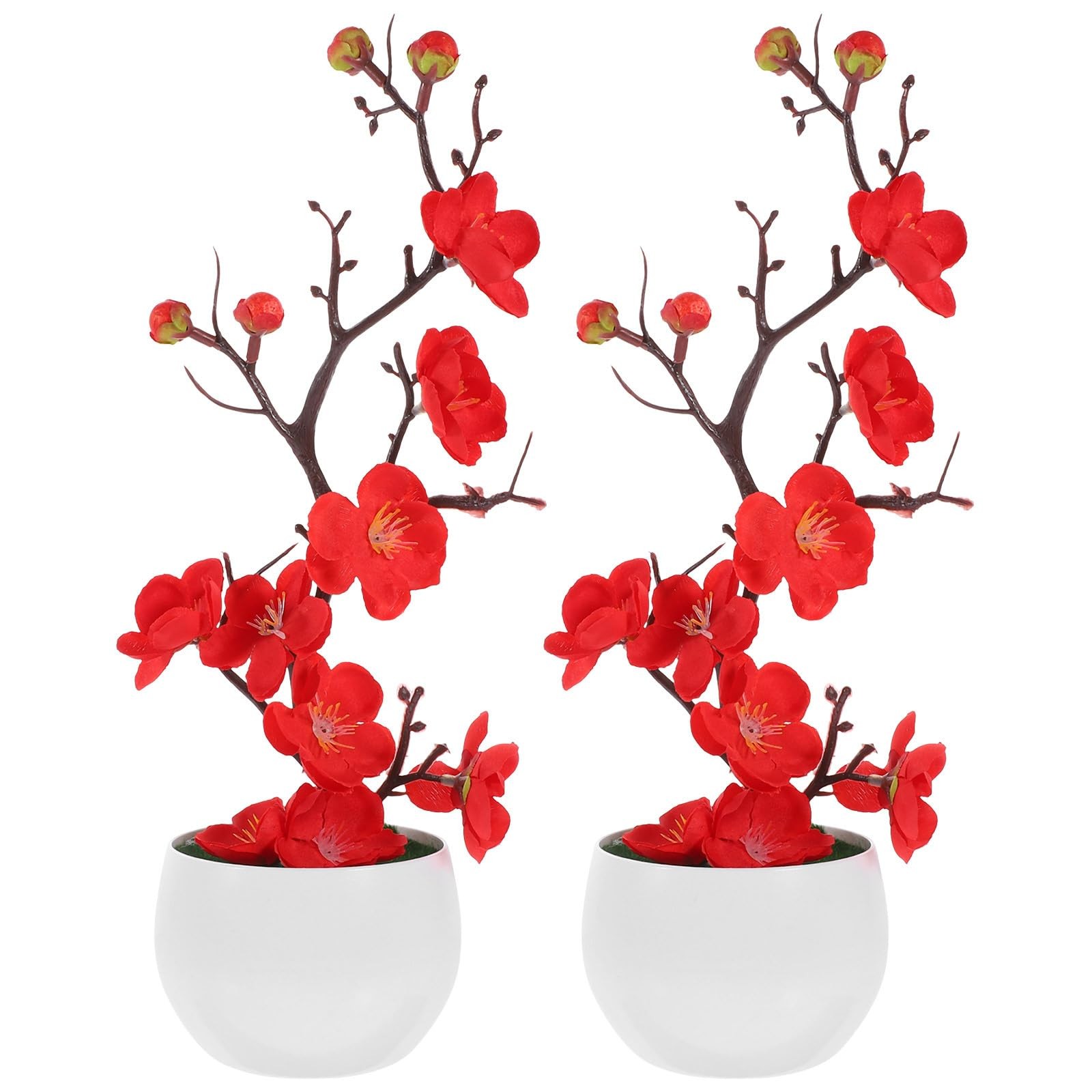 Artificial Plum Blossom Bonsai 11.81In Faux Potted Plant – Lifelike Red Bloom…