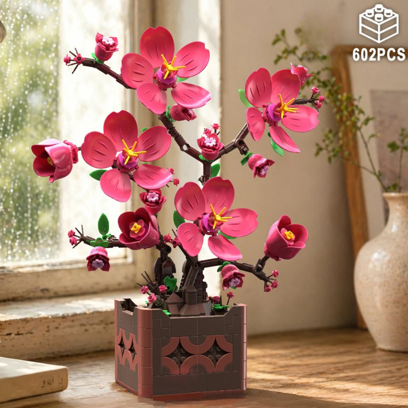 Pink Peach Blossom Potted Plant Building Block Set Diy Flower Model Decoration