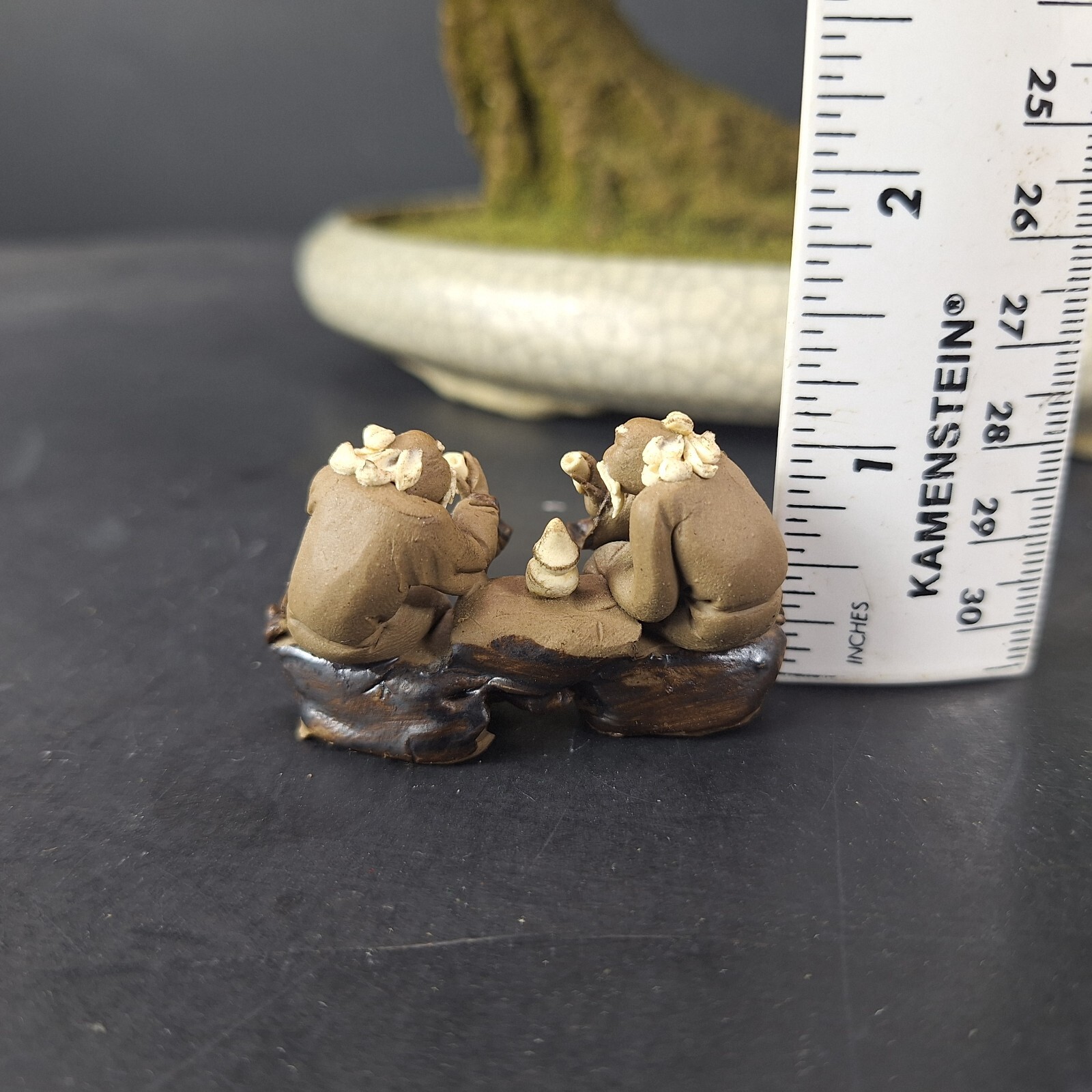 Artificial Bonsai Tree with Ceramic Planter & Clay Asian Figures Fake Plant