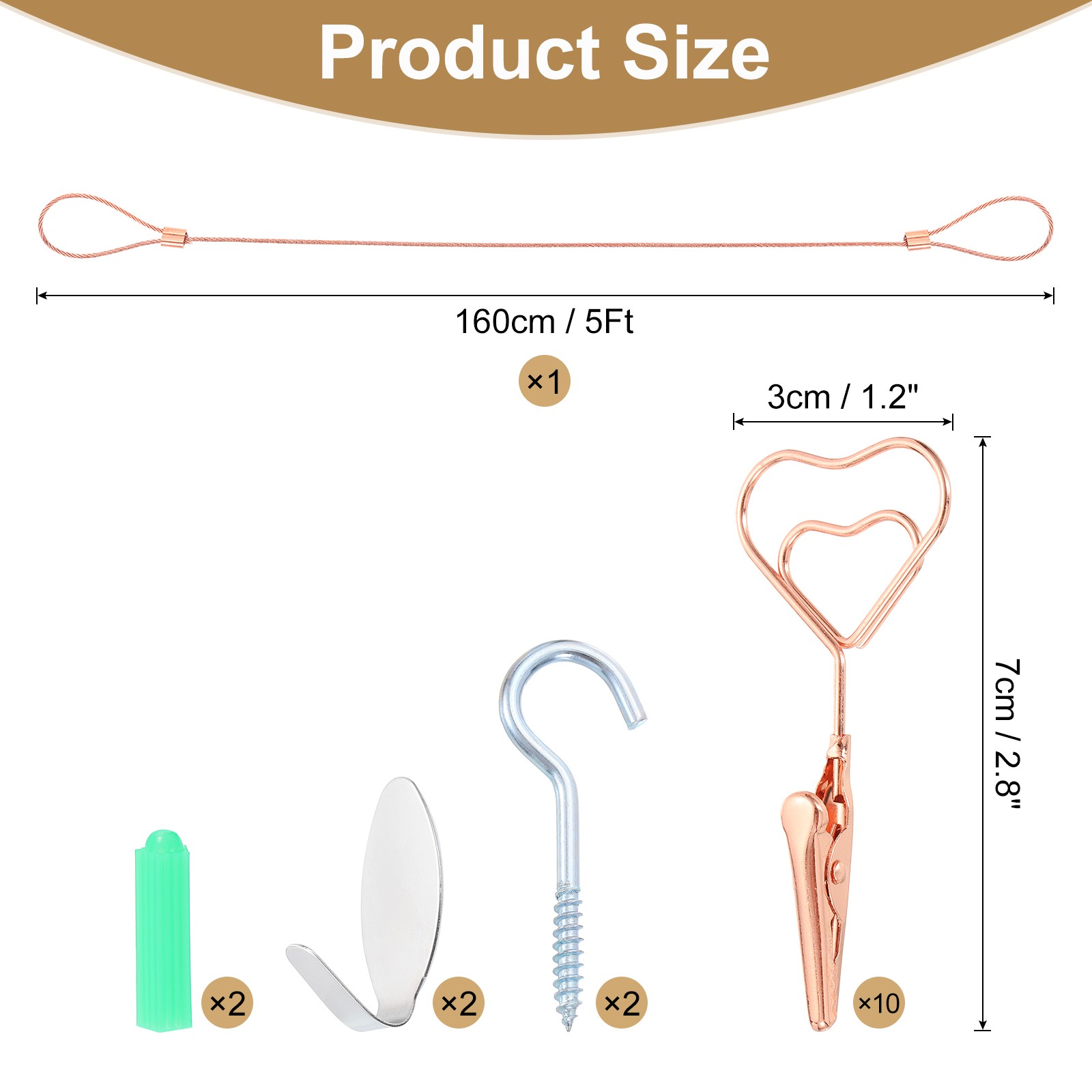 5Ft Wall Hanging Photo Display Cable Wire Rod with 10 Heart Clips, Rose Gold