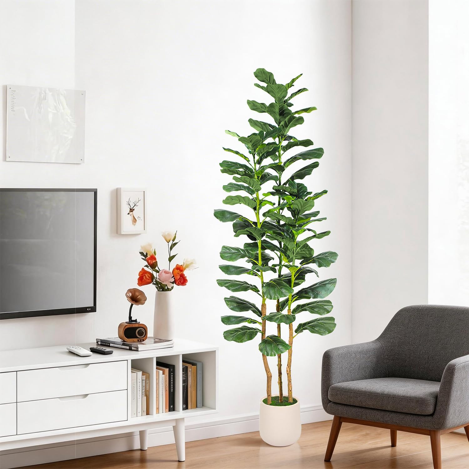 6ft Artificial Fiddle Leaf Fig Tree with White Planter, Tall Fake Plant with Nat