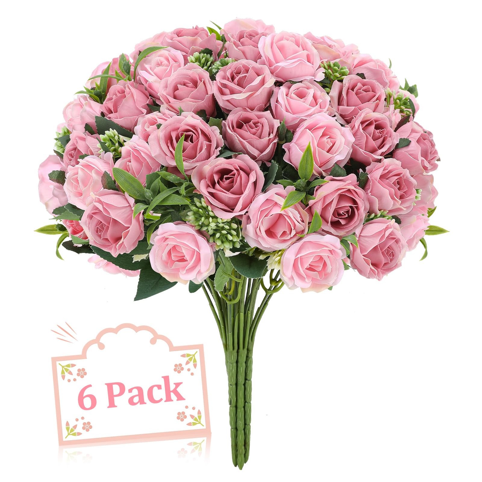 6 Stems 10 Heads Dusty Pink Artificial Silk Roses Bouquets with Leaf Faux Flo…