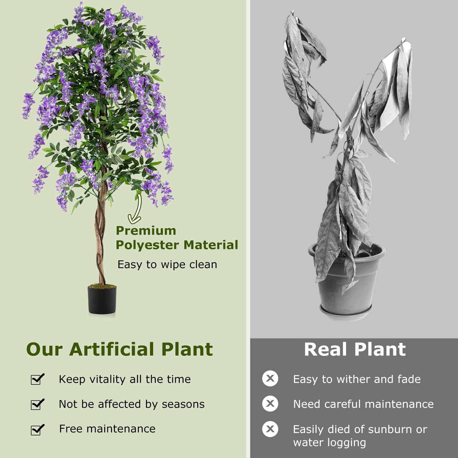 6 FT Artificial Wisteria Tree Set of 2 w/Natural Trunks Purple Lifelike Flowers