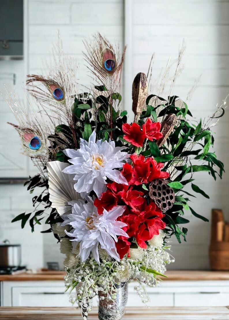 Earthy Red & White Floral Arrangement: Peacock Home Decor, Table Centerpiece