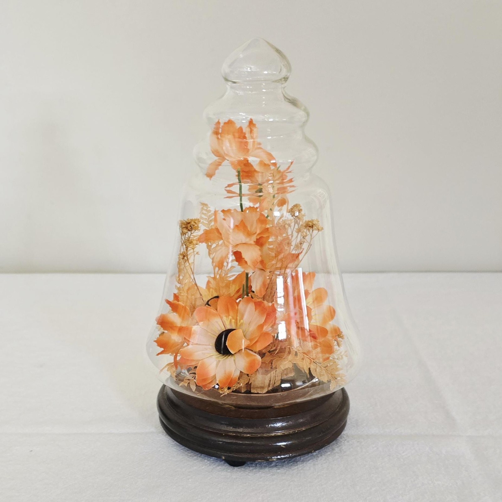 Vintage Kmart Orange Faux Floral Arrangement Glass Cloche, Bell Jar Dome on