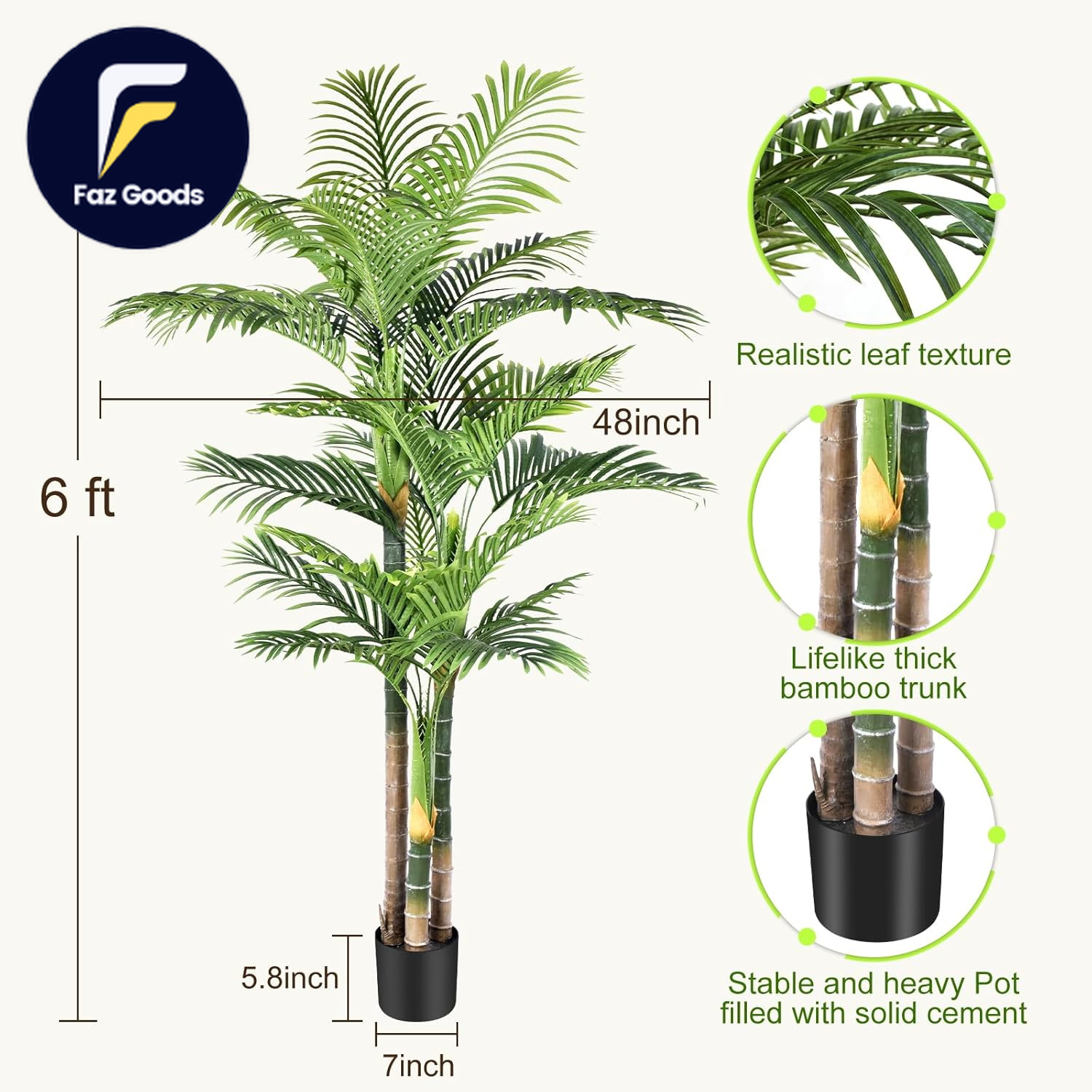 6Ft Tall Triple Golden Cane Palm Artificial Tree Large Tropical Palm Tree UV Res