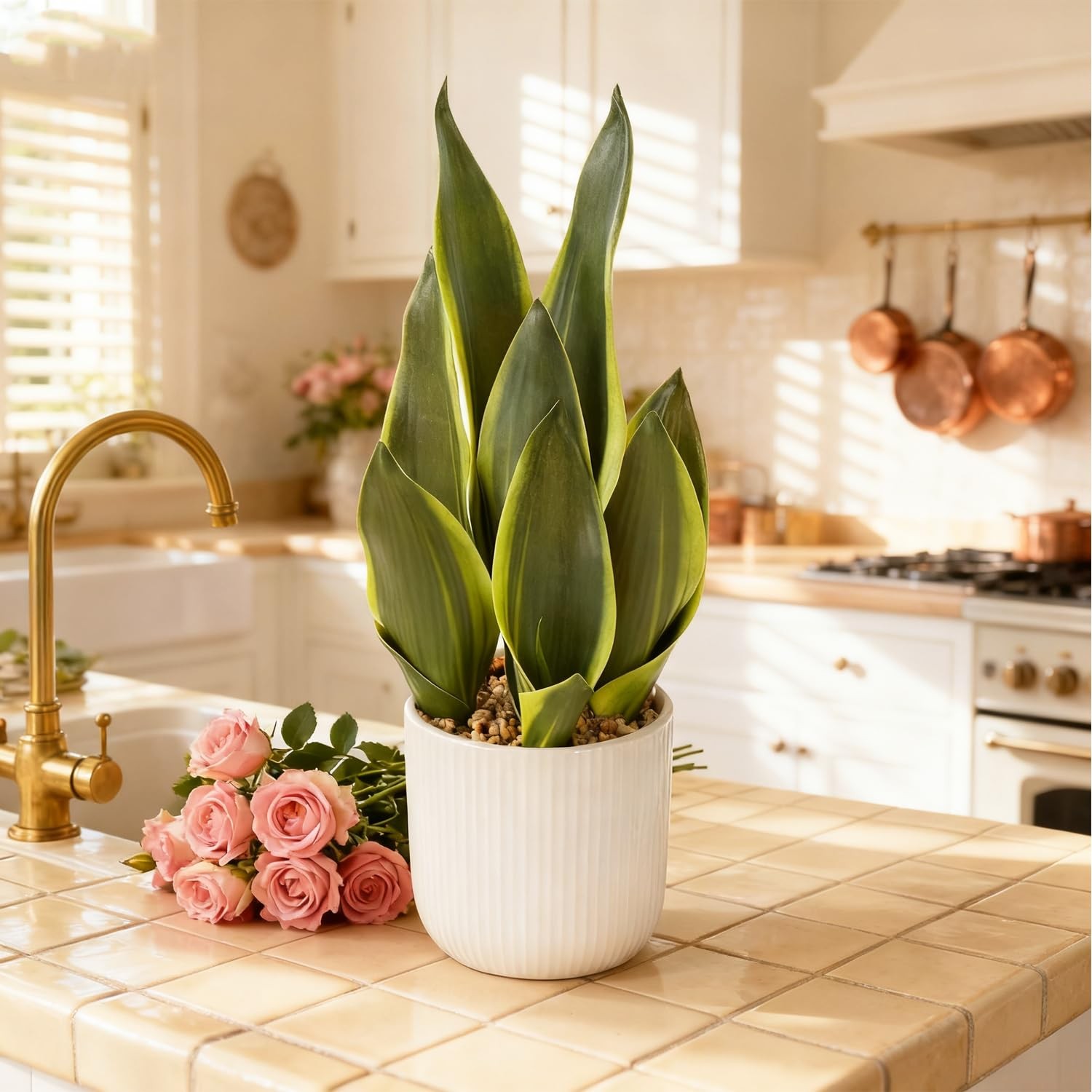 Artificial Realistic Snake Plant 16″ with White Ceramic Pot Fake Snake Plants…