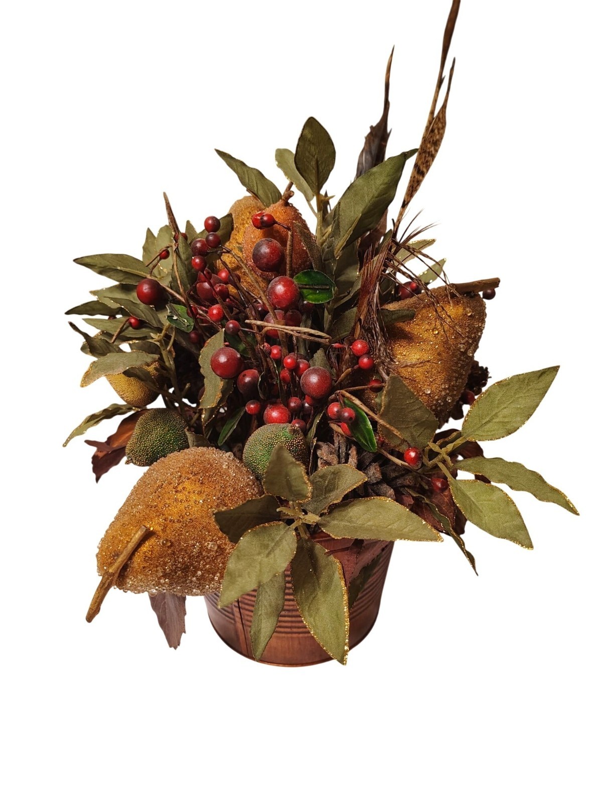 Fall Winter Table Arrangement, Dried Leaves, Beaded Pear Pinecone Turkey Feather