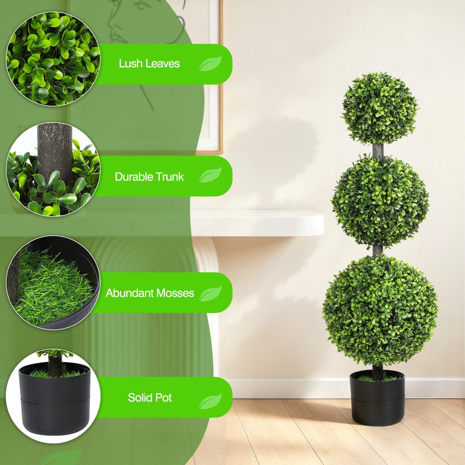 2PCS 3FT Artificial Triple Ball Boxwood Topiary Tree Realistic Faux Greenery
