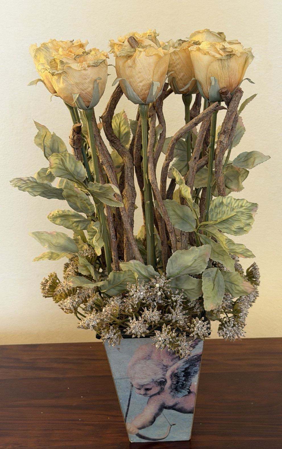 Faux Yellow Crepe Paper Roses in Cherub Vase