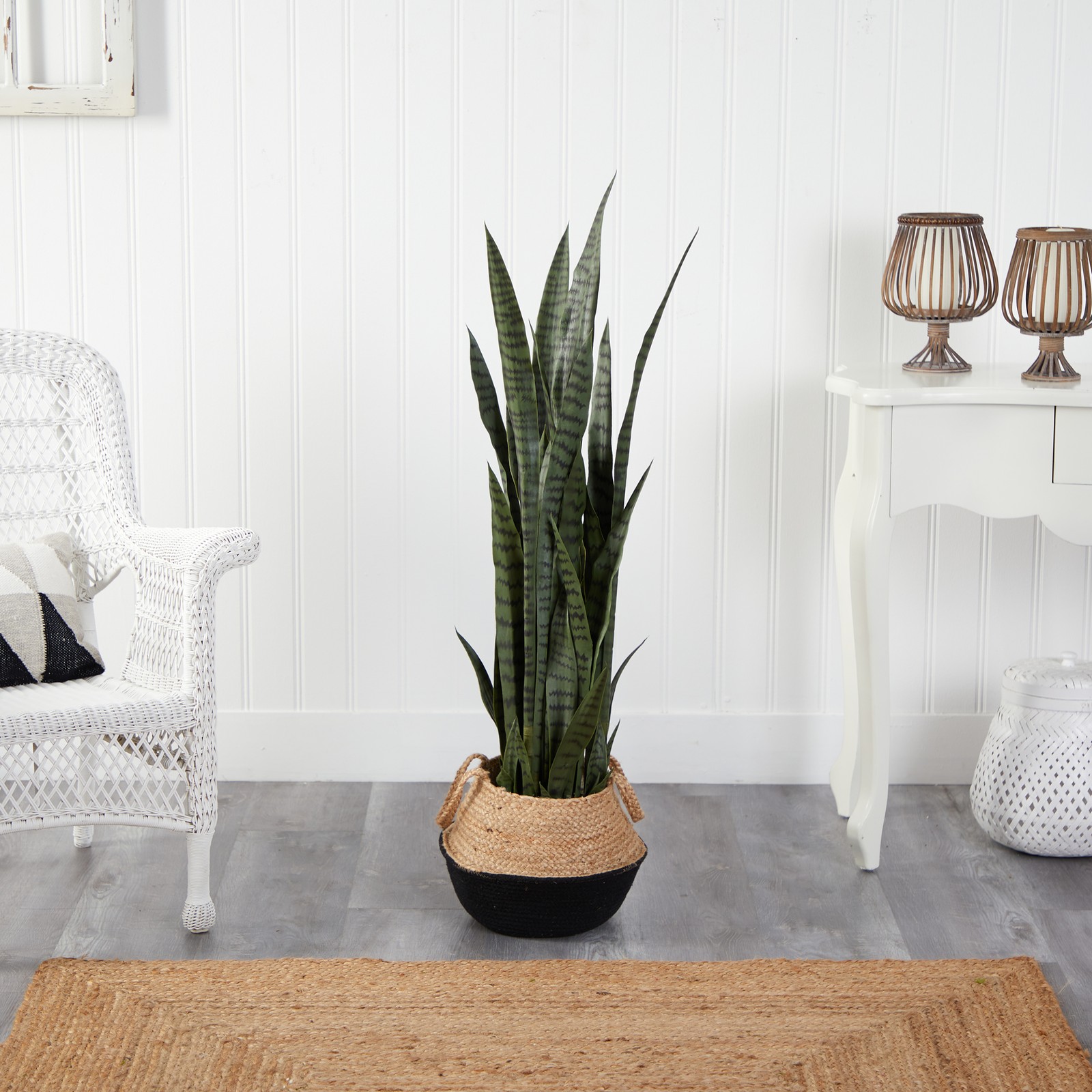 Nearly Natural 46″ Sansevieria Plant in Cotton & Jute White Woven Planter
