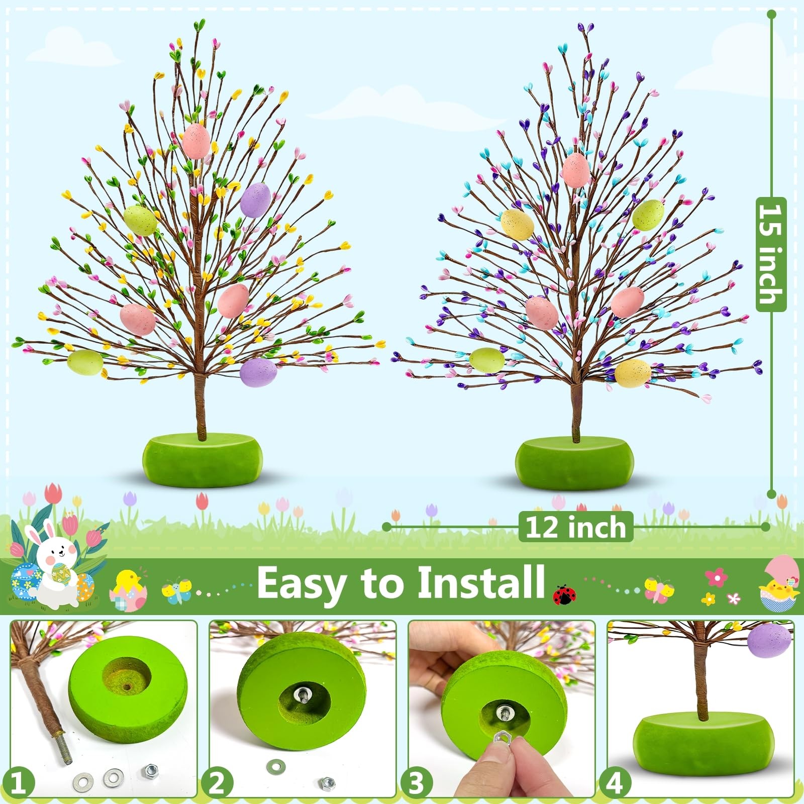 TURNMEON Easter Decorations 2 Pack Tree with 14 Pastel Eggs Multicolor