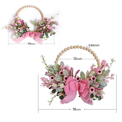 16″ Spring Wooden Beaded Door Wreath Pink Daisy, Burlap Bow Wreath,