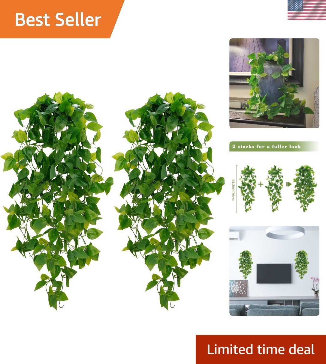 2 Pcs Lifelike Pothos Vines – Realistic Artificial Hanging Plants for All Spaces