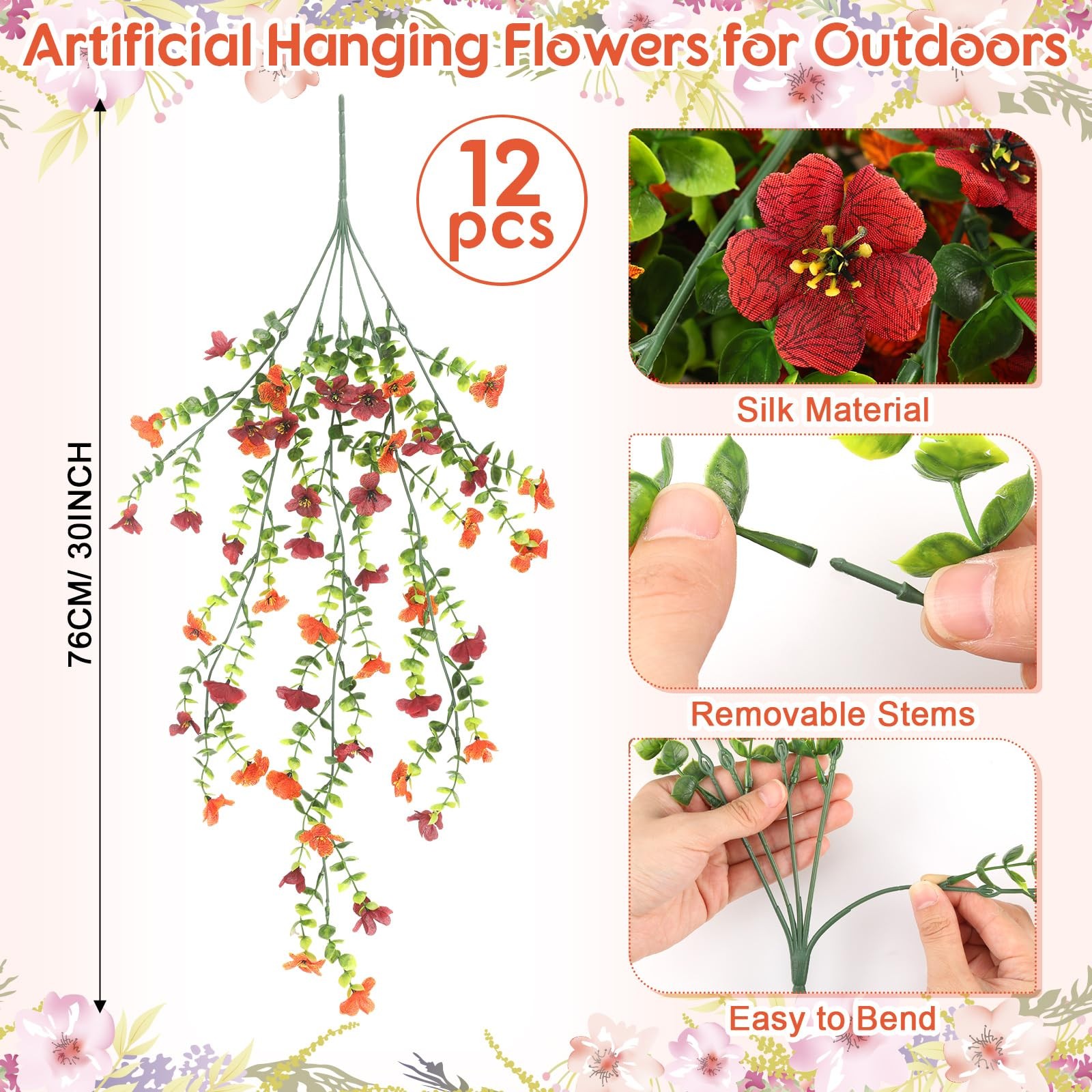 12 Pcs Fall Artificial Hanging Flowers Plants for Outdoor Decoration Fake Sil…