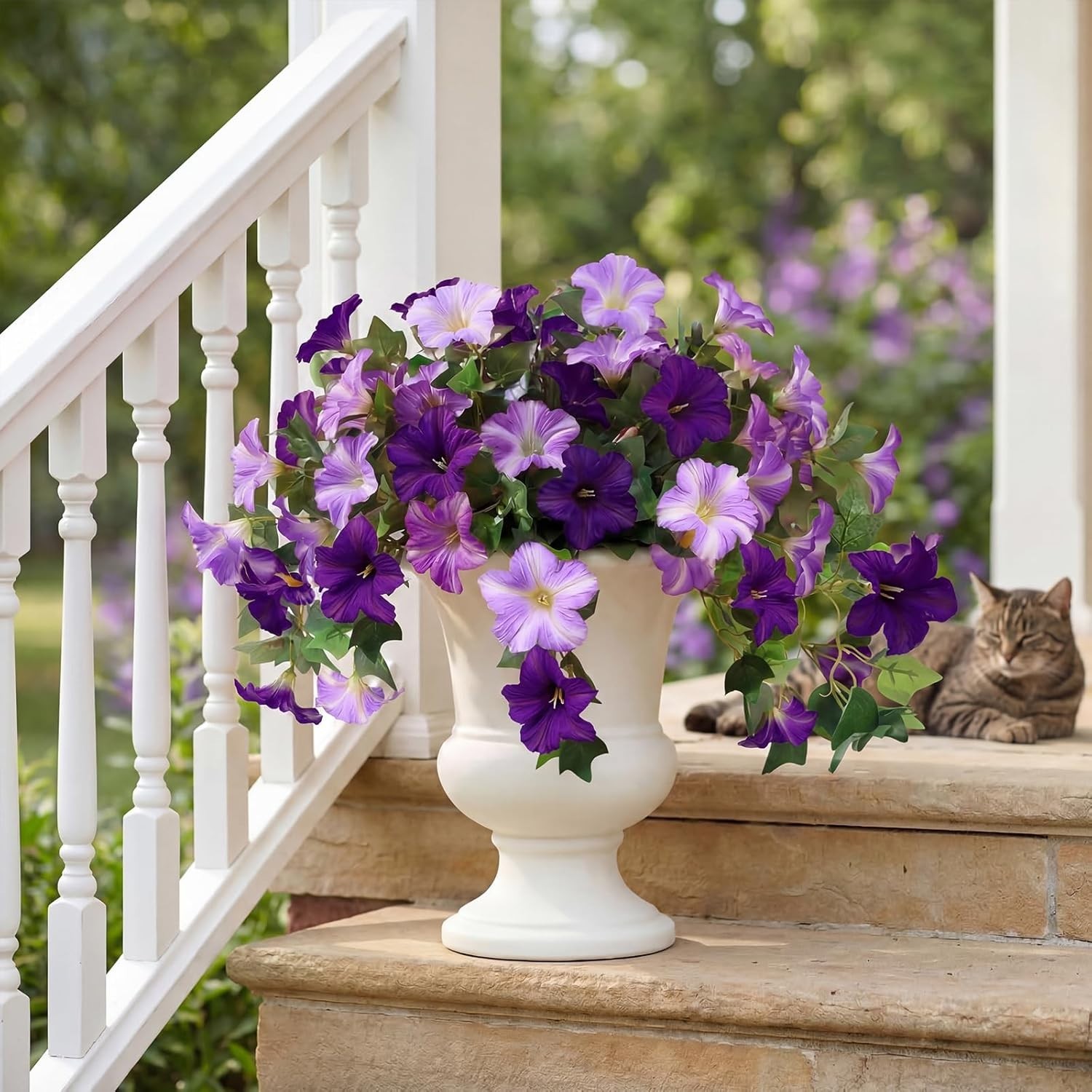 3 Pcs Faux Petunias Artificial Flowers for Outdoors, UV Resistant Fake Purpl