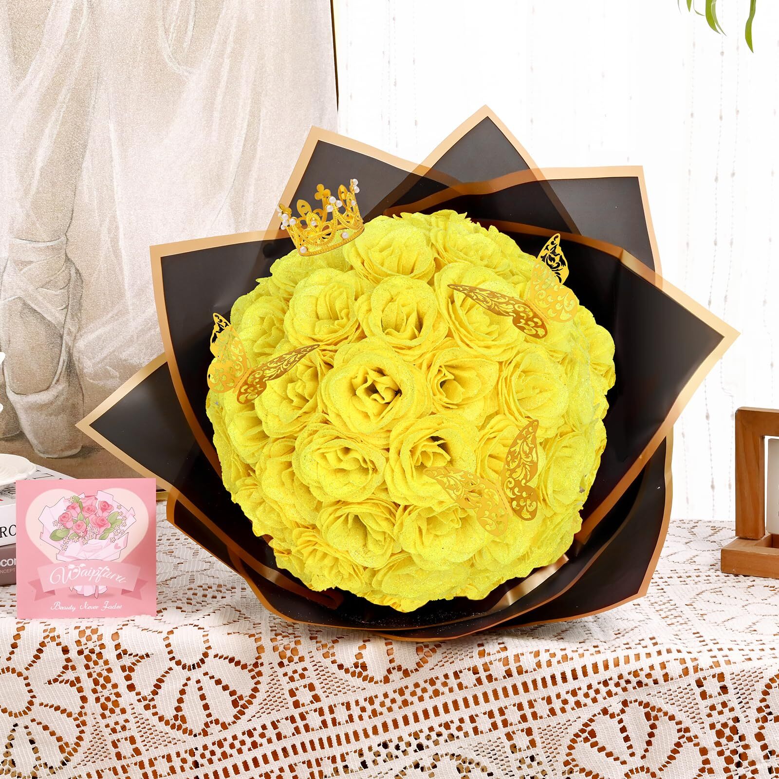 Glitter Roses Bouquet DIY Yellow Fake Flowers Bouquet Everlasting Shiny Artif…