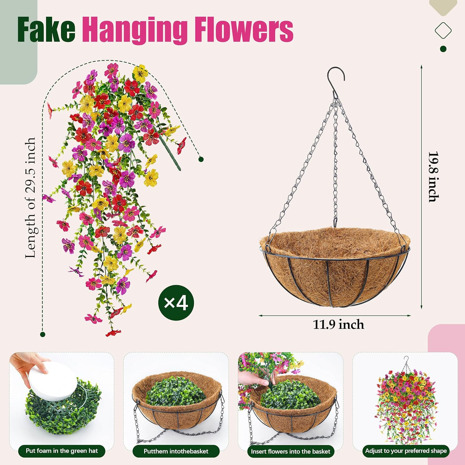 Artificial Hanging Flower Basket for Outdoors Fake Hanging Flowers Plants with 4