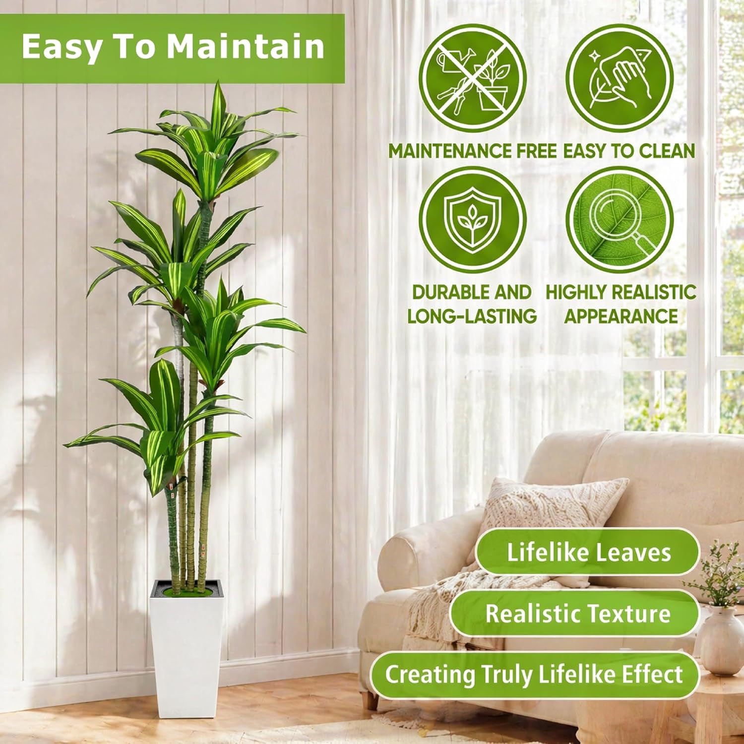 7FT Dracaena Artificial Plants Indoor,With White Tall Planter | Decor Fake Tree,