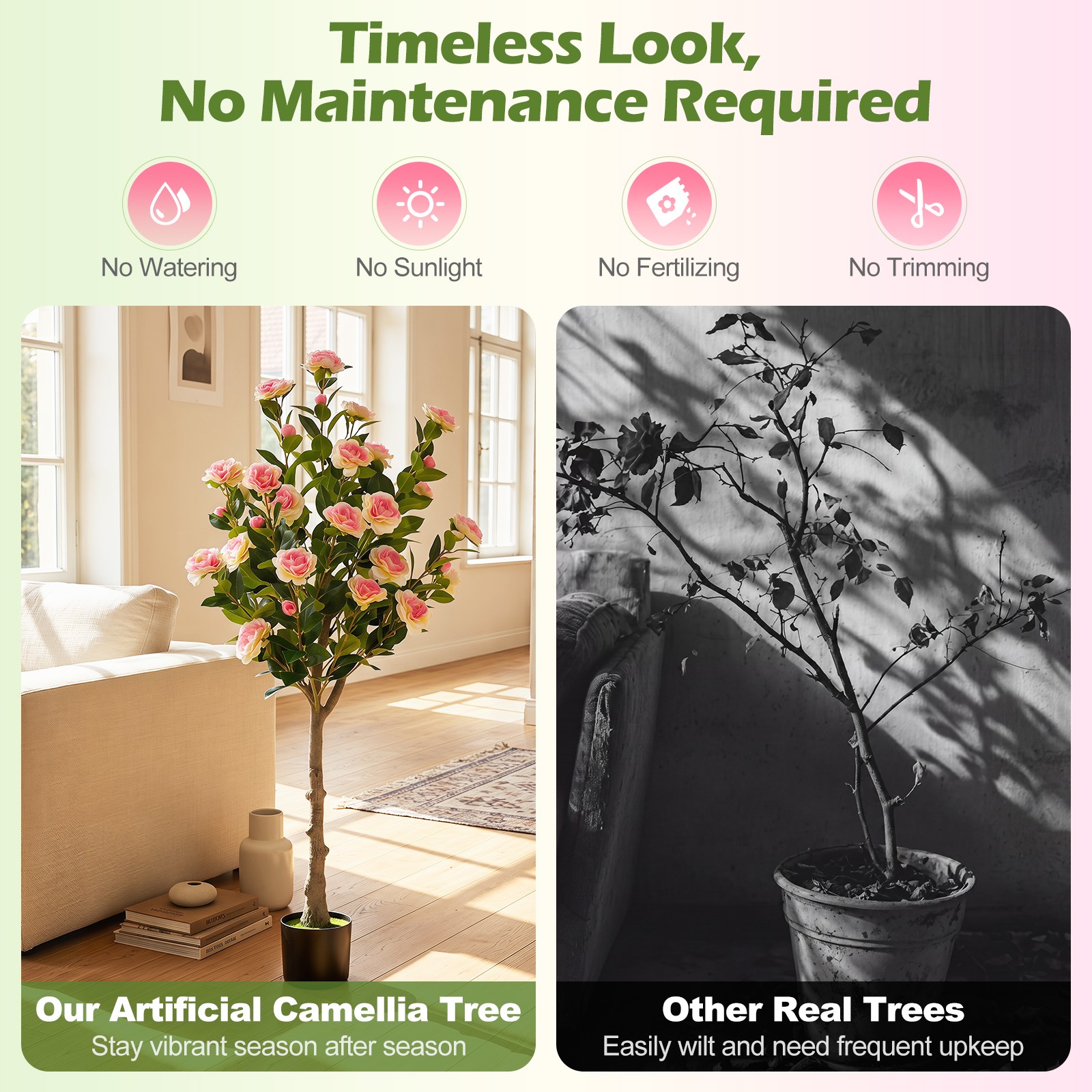 2PCS 50.5” Artificial Camellia Tree w/27 Camellia Blossoms in Cement-Filled Pot