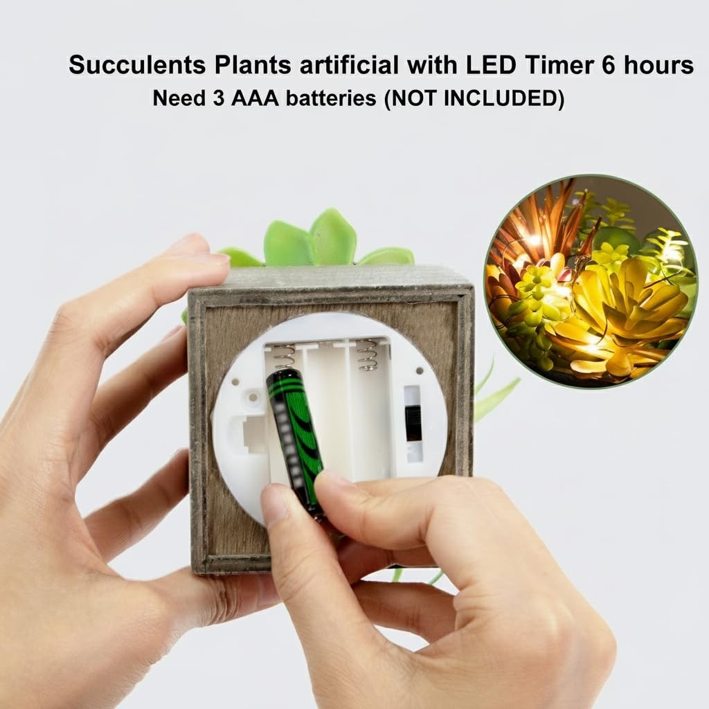 Artificial Succulents Plants With Lights Small Faux Potted Decor Office