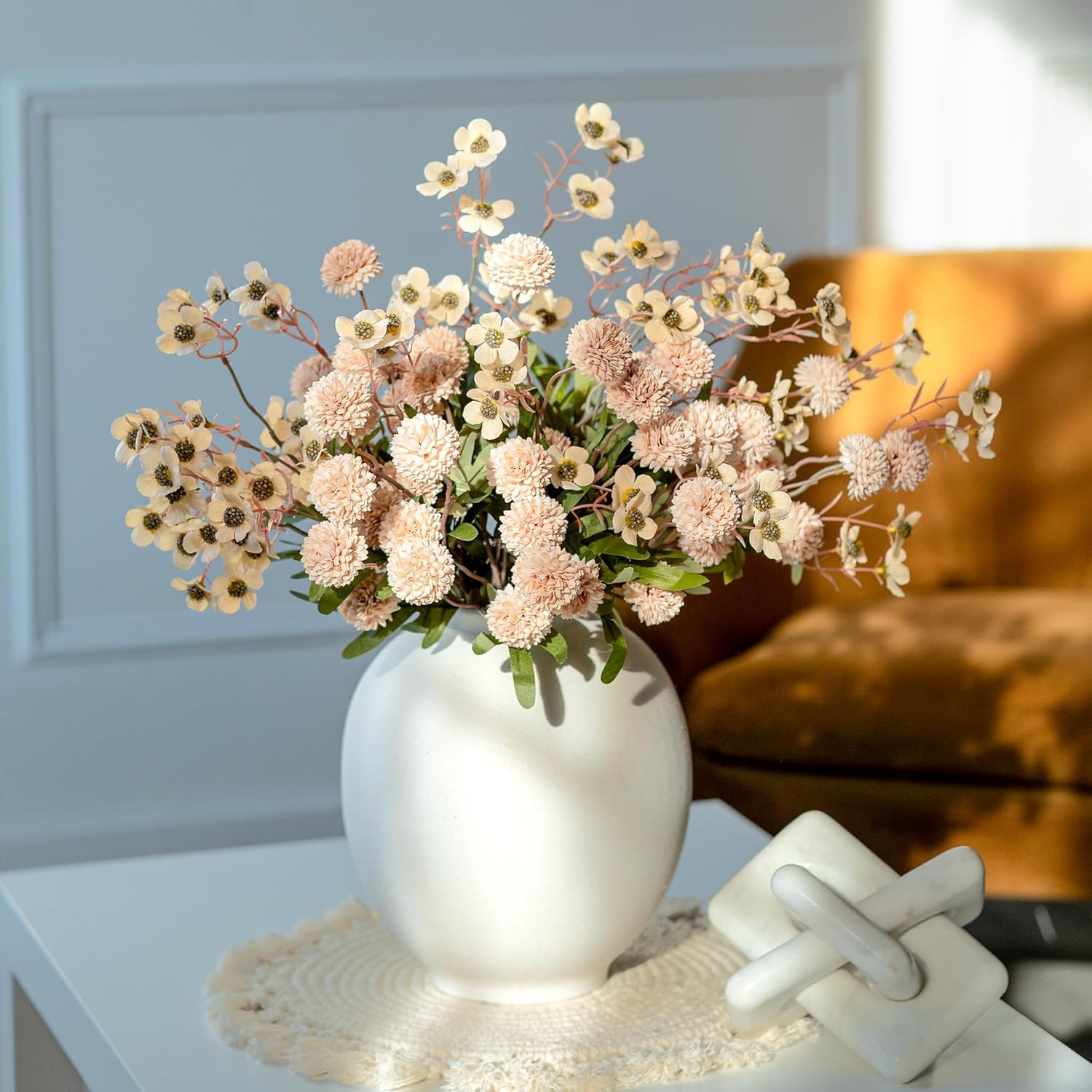 Faux Silk Pompon Mums Artificial Flowers for Vase Kiku Stems & Eucalyptus Floral
