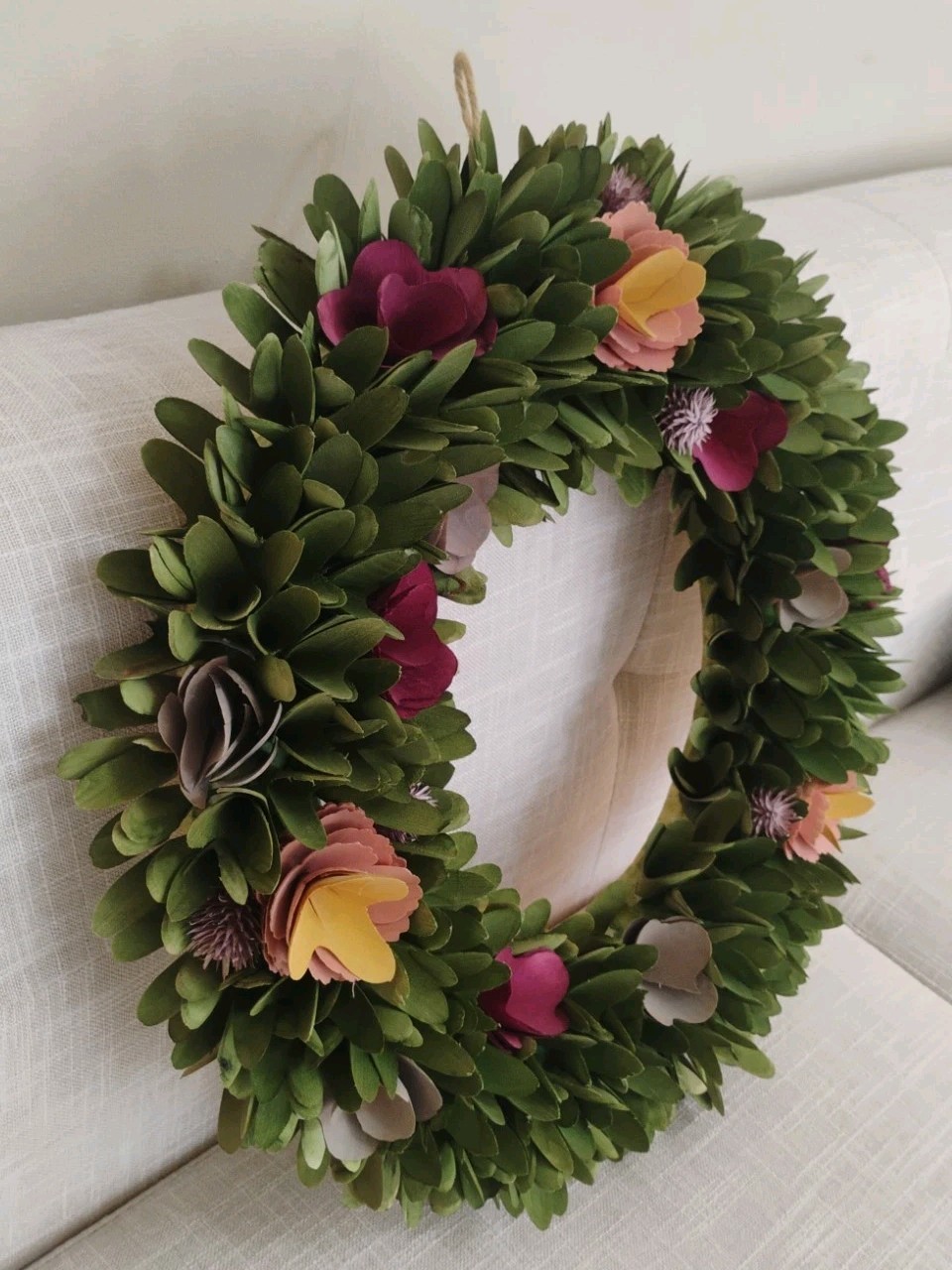 18 in Summer Wreath with Magenta Gray Curled Wood Cut Flowers Green Leaves
