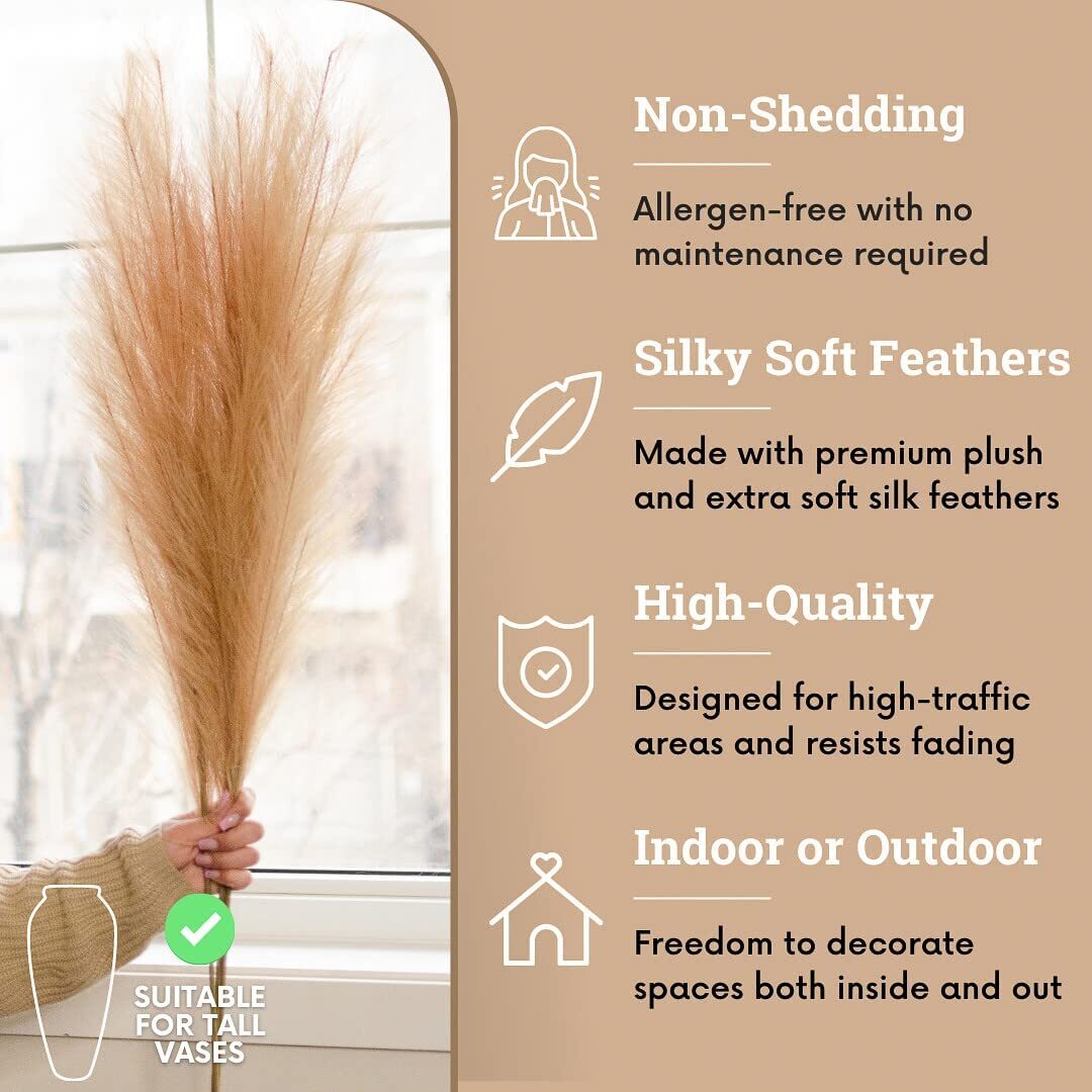 Faux Pampas Grass Decor Tall Set of 3 Stems 42 Inches Boho Large Artificial