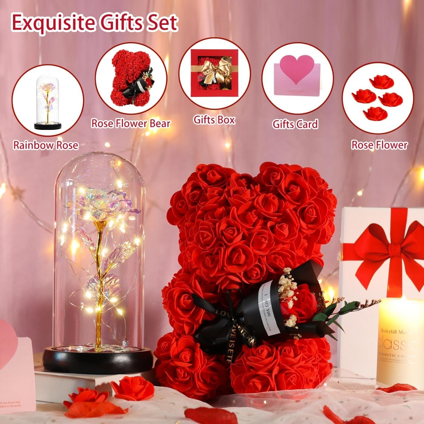 Unique Rose Teddy Bear Gift with Colorful Light for Valentines and Mothers Day