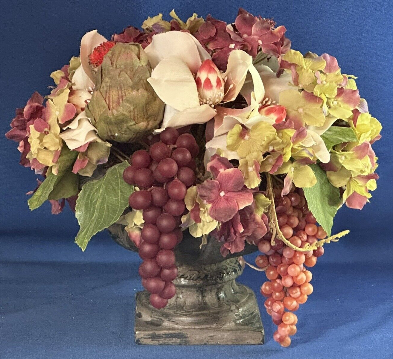 Large Arrangement of Faux Fruits and Flowers Centerpiece in Urn ~ 12.5 h x 13″ w