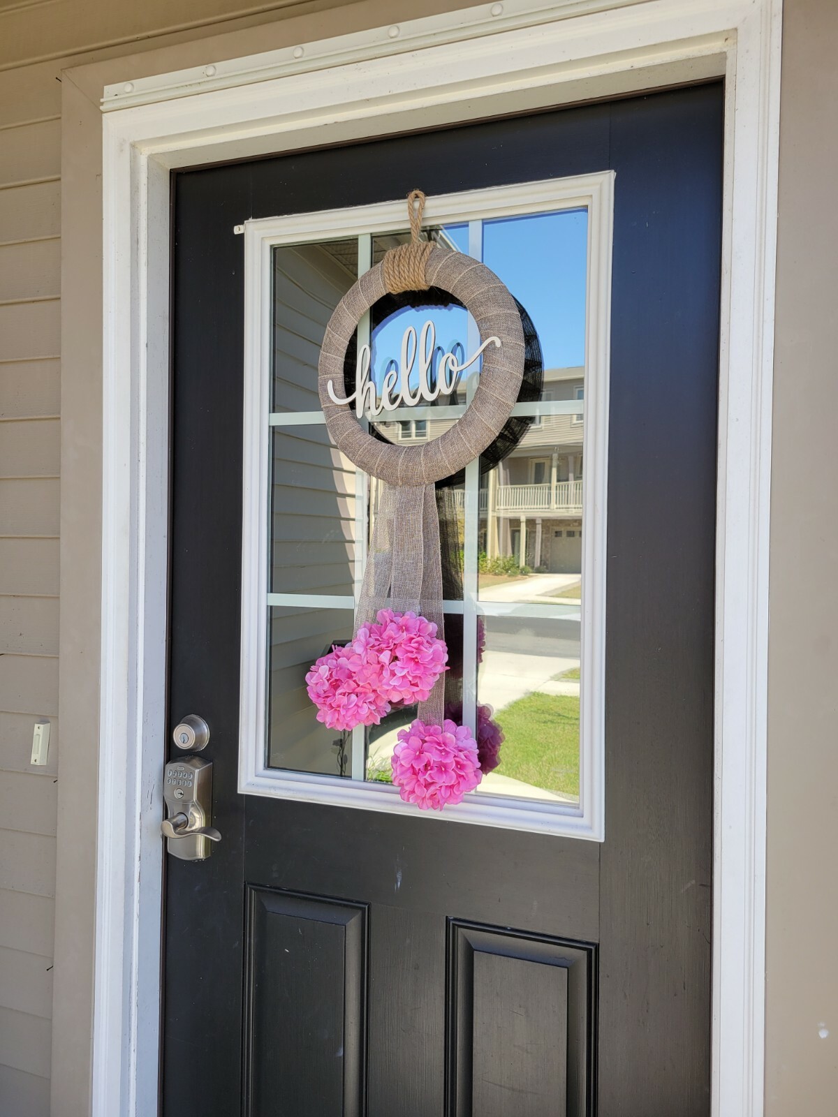 HELLO wreath FLOWER Pink Hydrangeas burlap Decor Front Door Nautical Rope hook